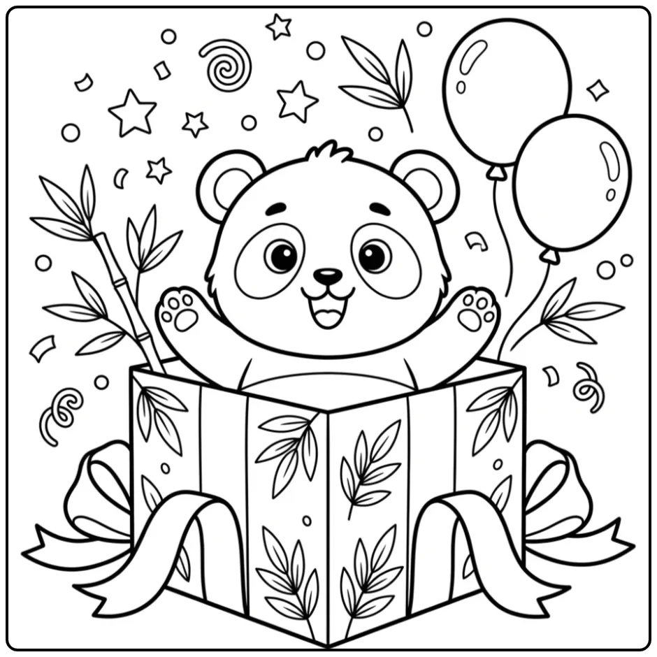 Baby panda coloring page in a gift box with balloons
