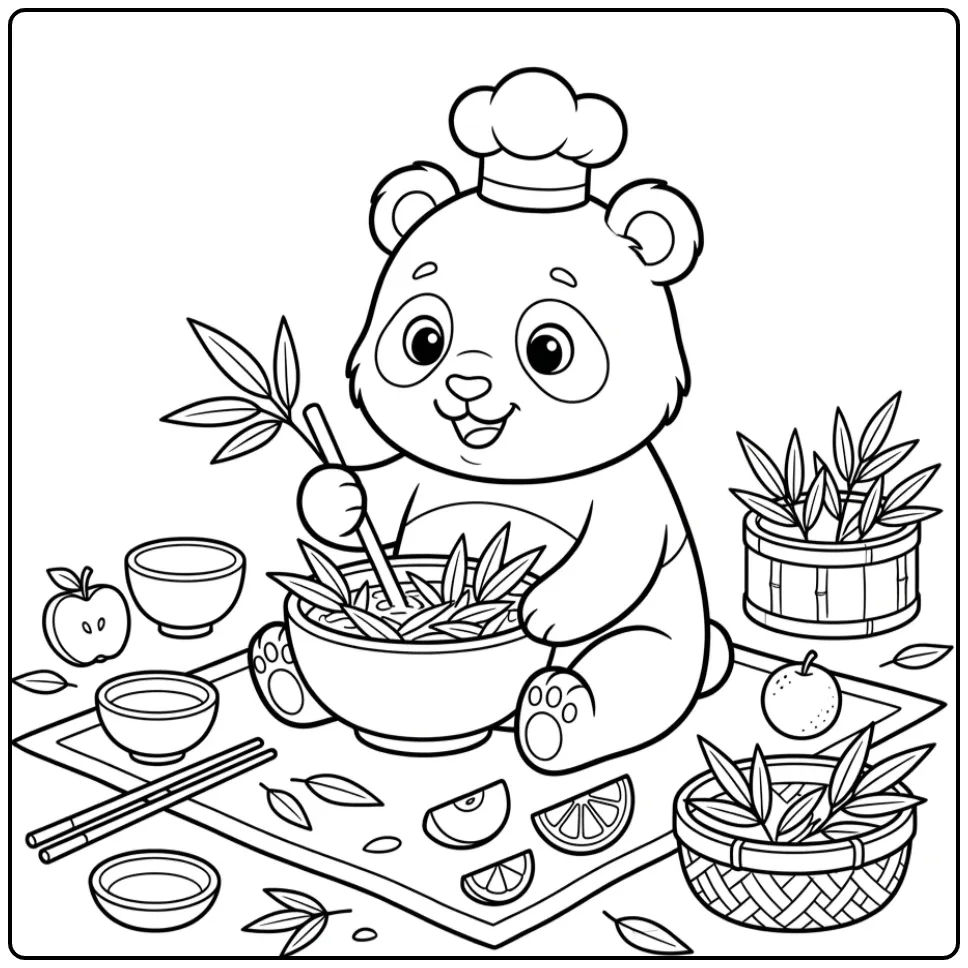 Baby panda coloring page with a chef hat