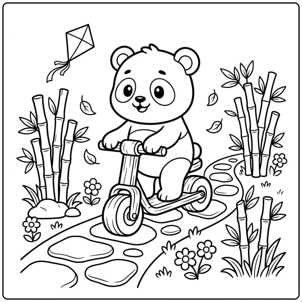 Baby panda coloring page on a wooden scooter with a kite