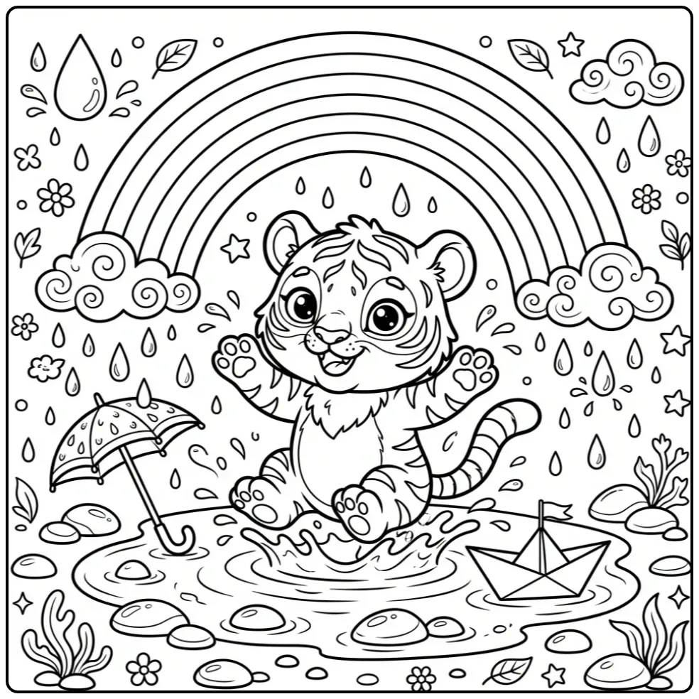 Baby tiger coloring page playing in a rain puddle