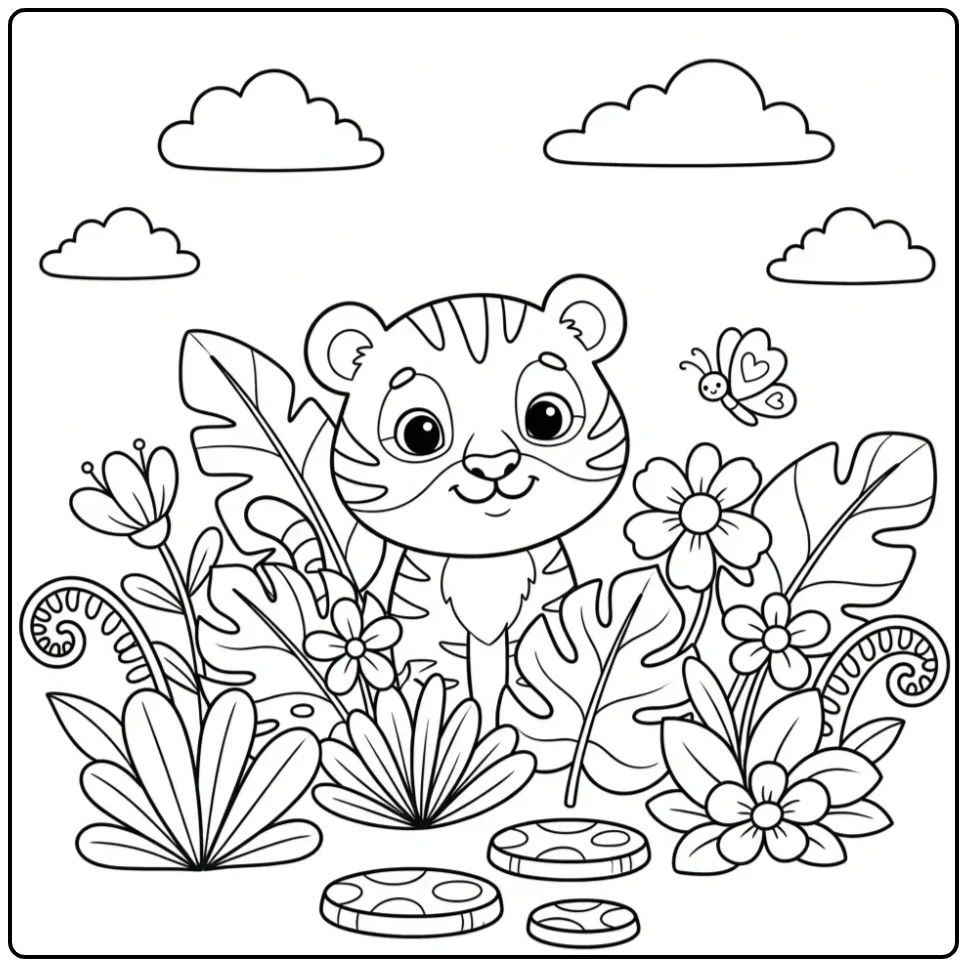 Baby tiger coloring page in a jungle flower garden