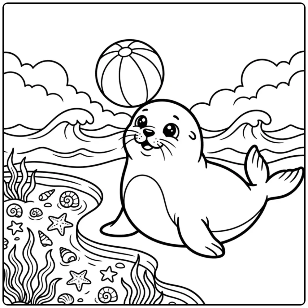 Seal coloring page featuring a baby seal at the beach