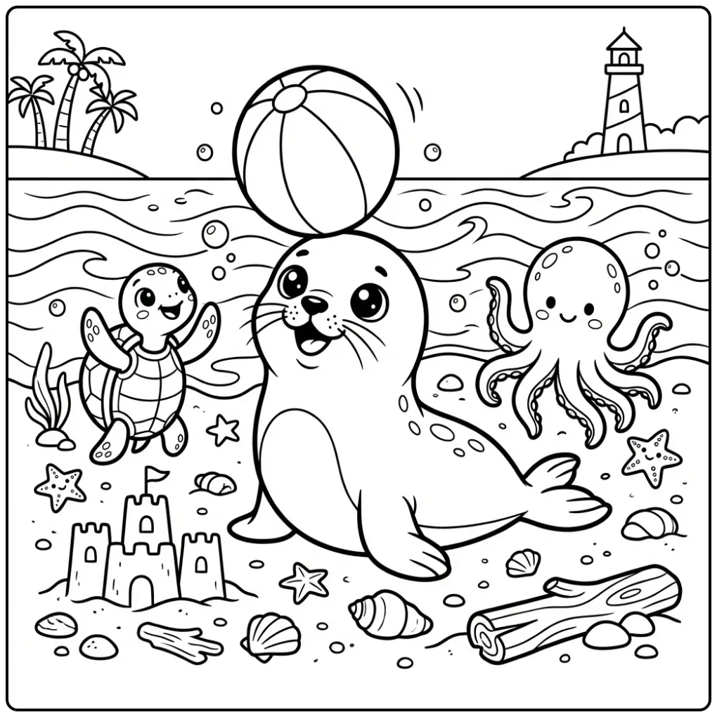 Seal coloring page featuring a baby seal playing with sea animals