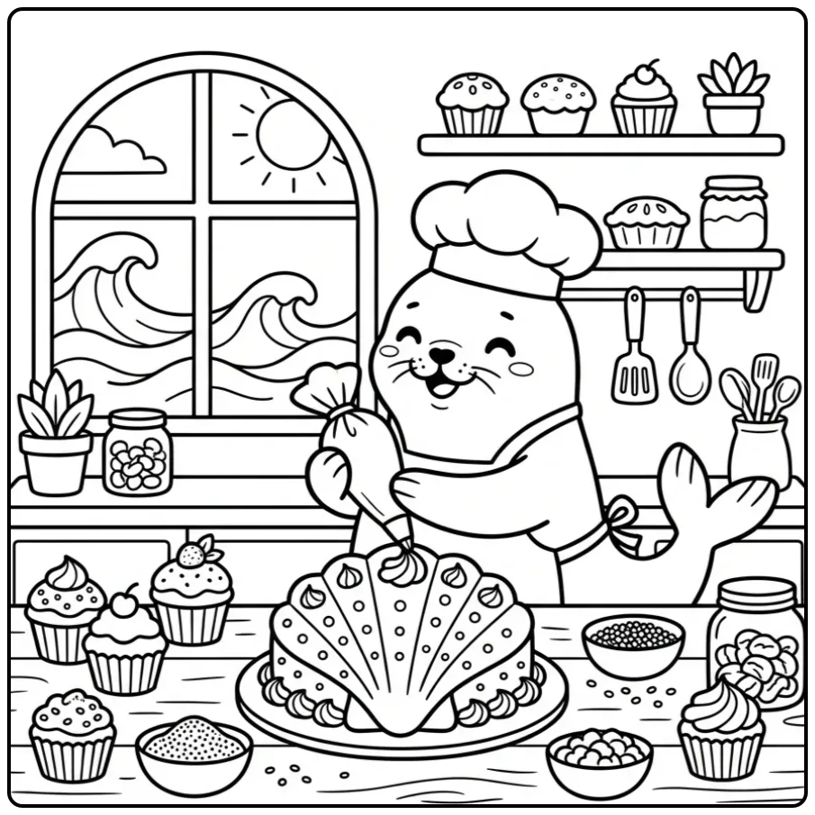 Seal coloring page featuring a baker seal