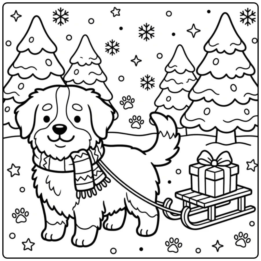 Cheerful Bernese Mountain Dog in the Snow coloring page