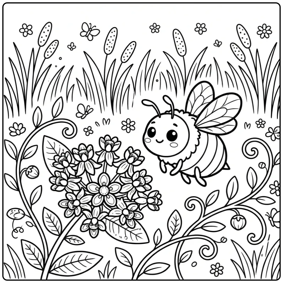 Cute bee coloring page with a flower and grass