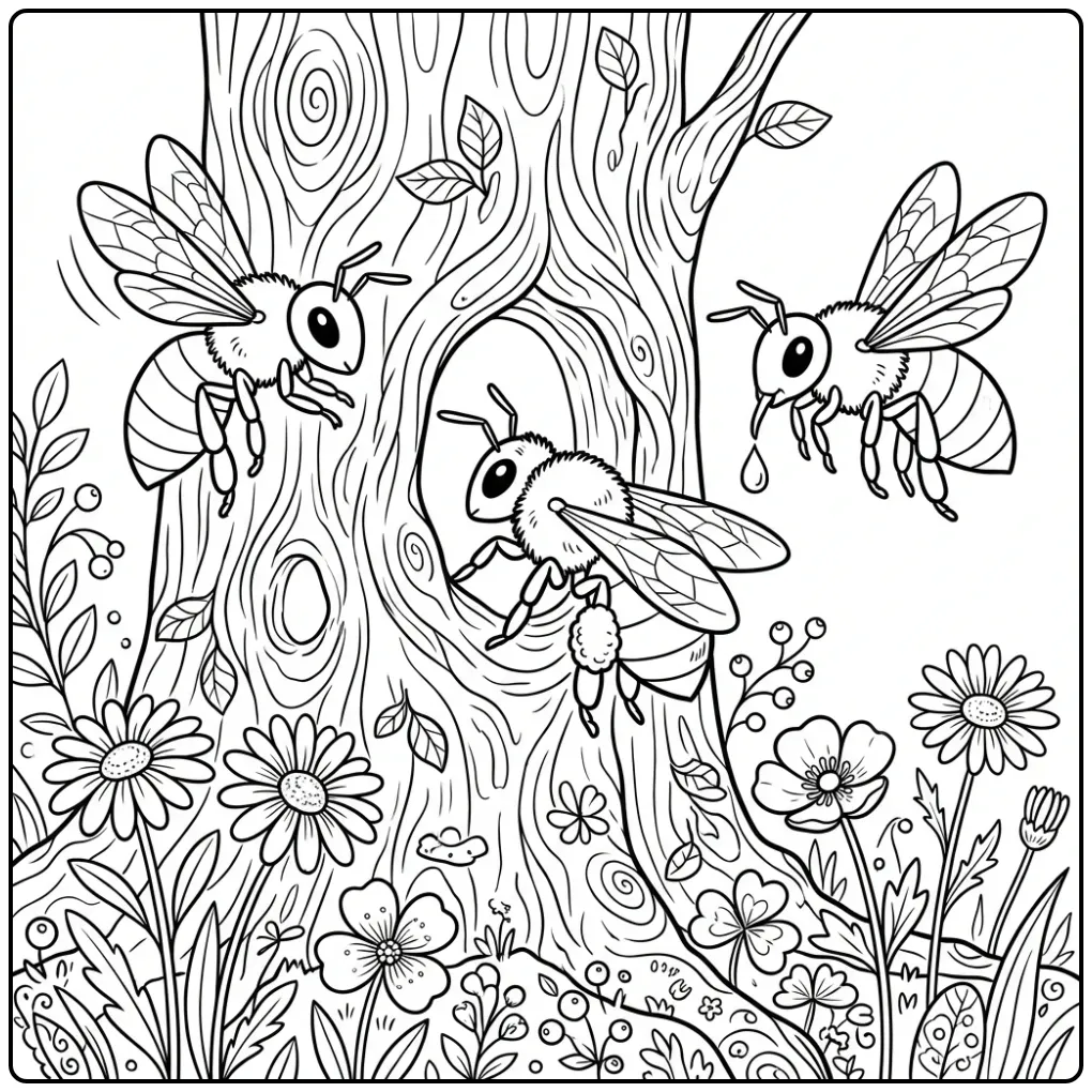 Cute bee coloring page with three worker bees by a hive