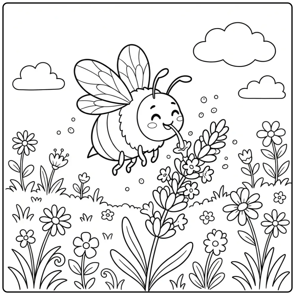 Cute bee coloring page with lavender and pollen