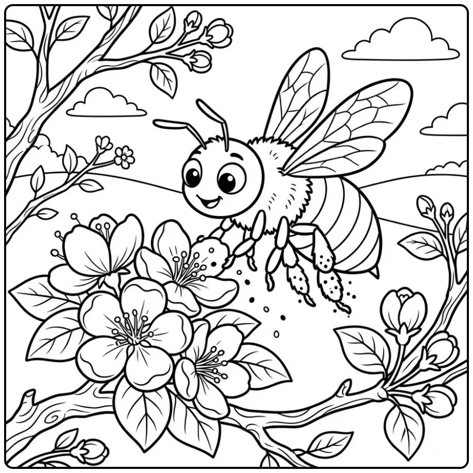 Cute bee coloring page with flowers and nature details