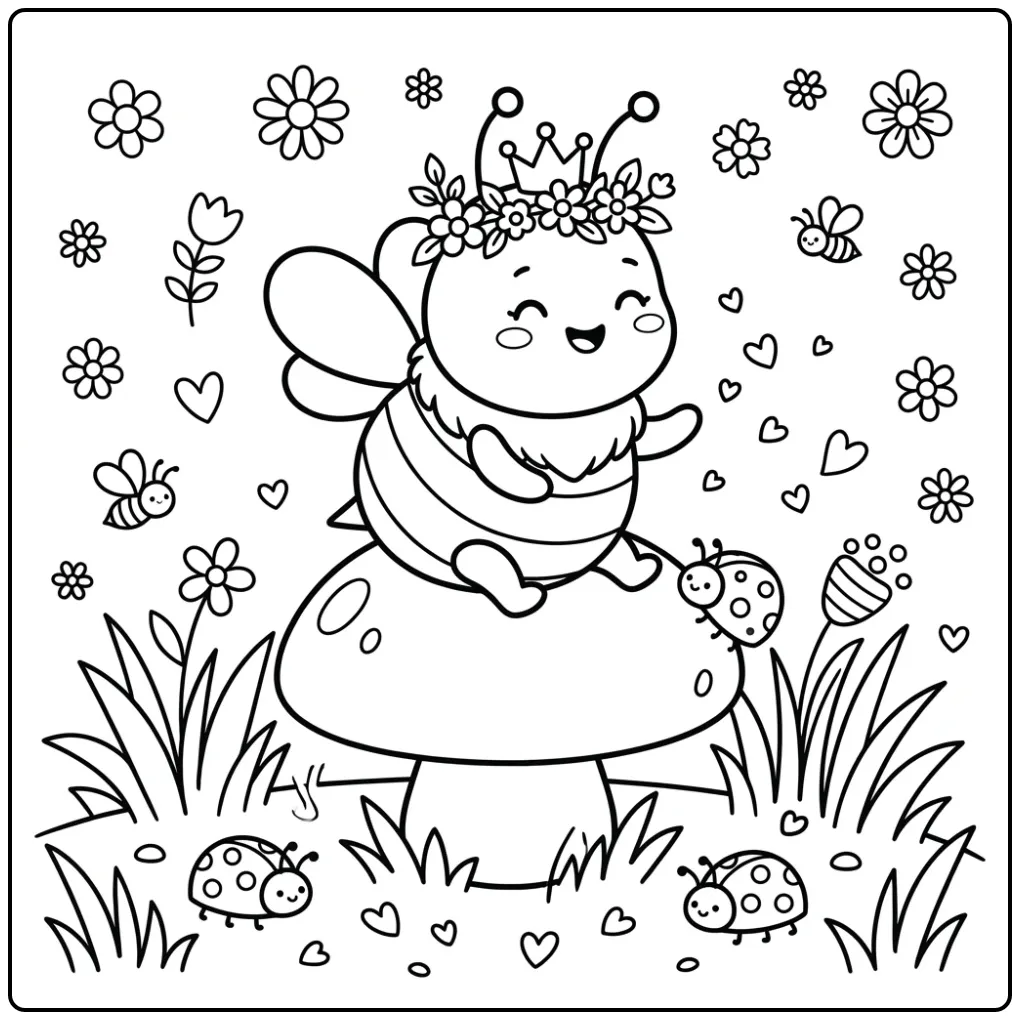 Cute bee coloring page of a baby bee on a mushroom