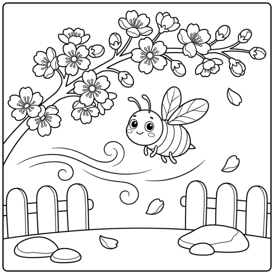 Cute bee coloring page with cherry blossoms and a fence