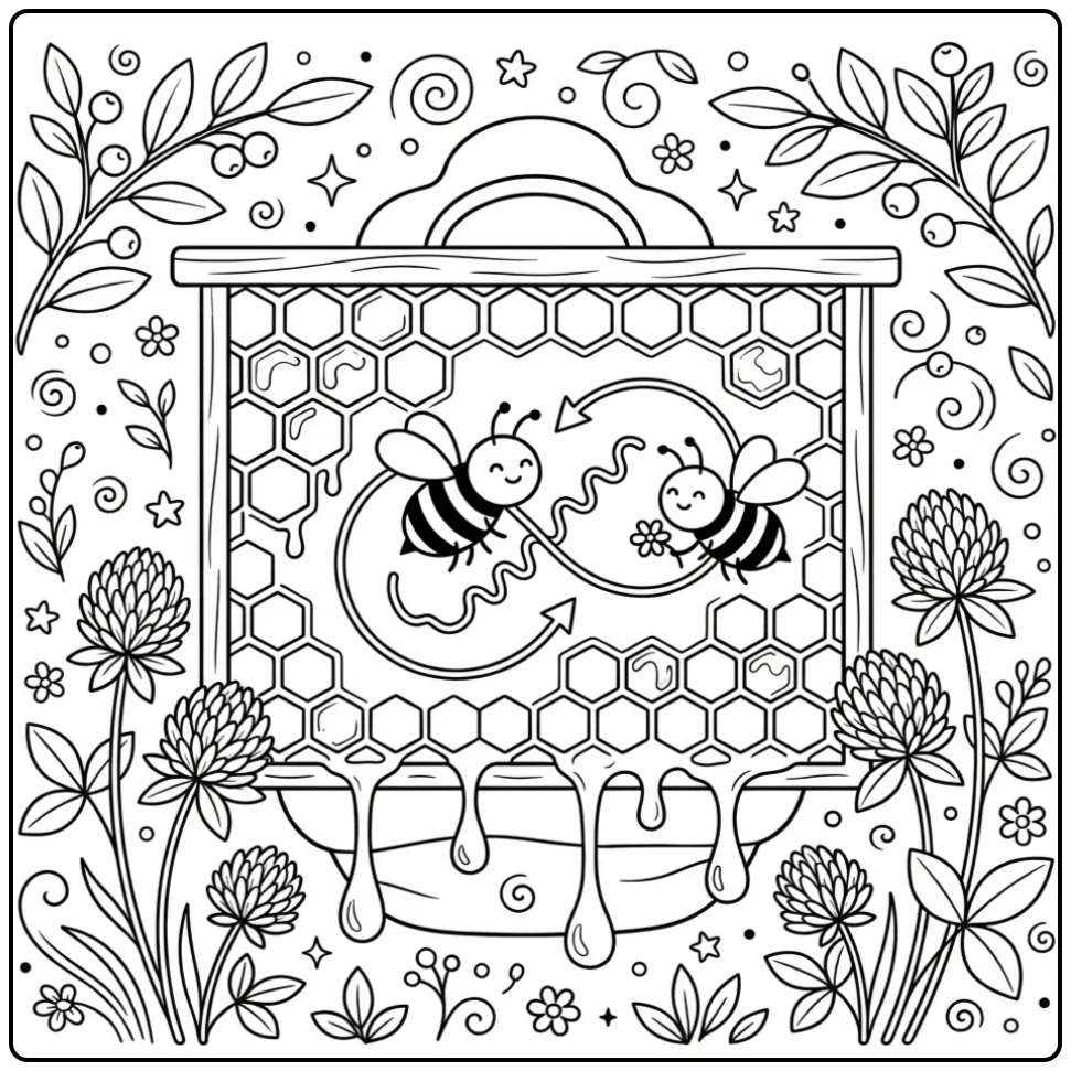 Cute bee coloring page with dancing bees on a honeycomb