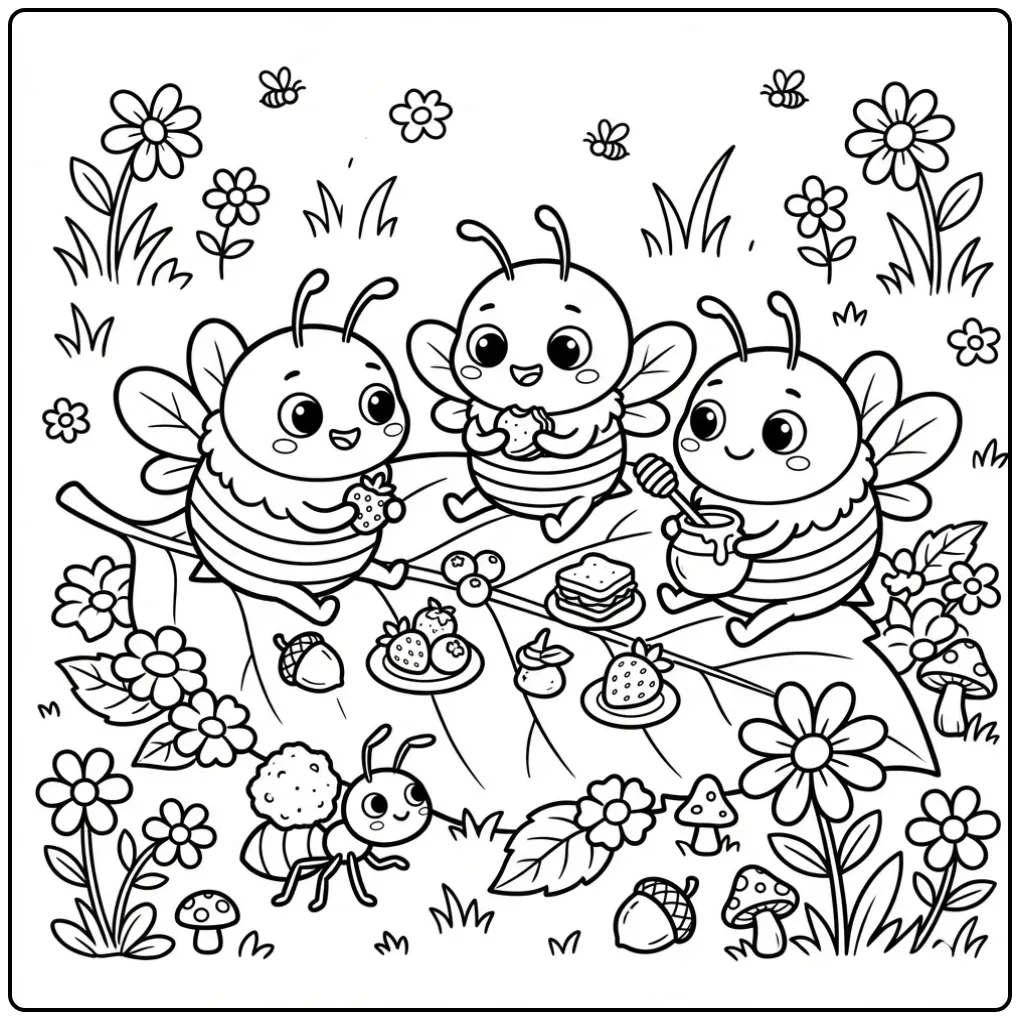 Cute bee coloring page with a picnic in nature