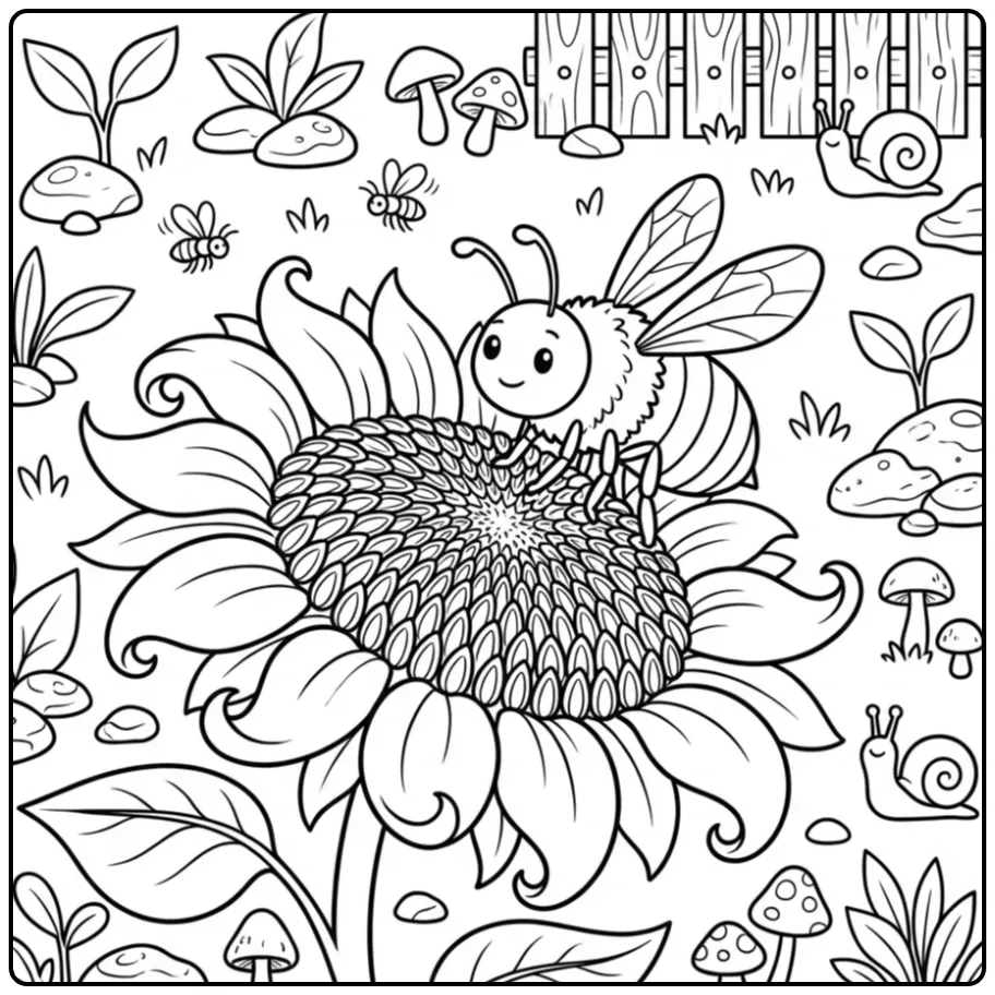 Cute bee coloring page with a sunflower and wooden fence