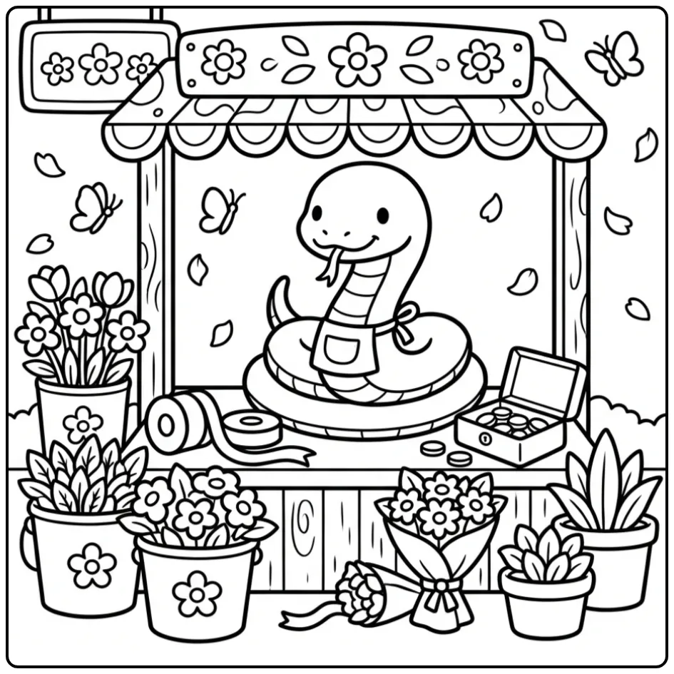 Snake coloring page showing a snake at a flower market stall