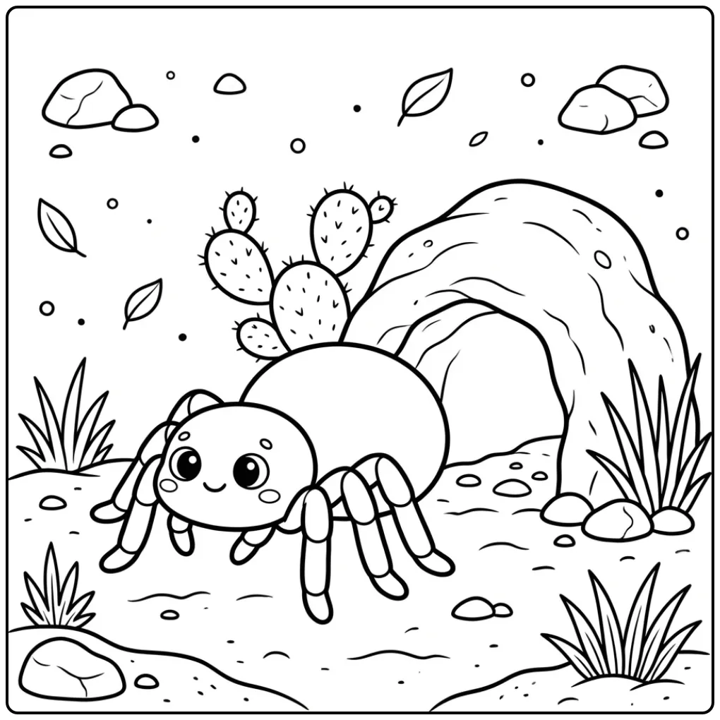 Tarantula spider coloring page in a desert setting