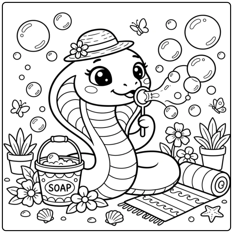 Cobra coloring page with bubbles and a bucket