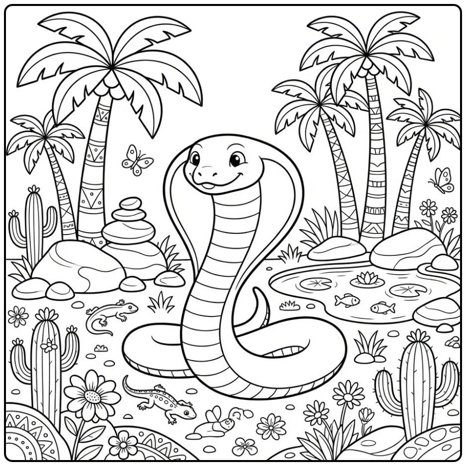 Cobra coloring page featuring a cobra at a desert oasis