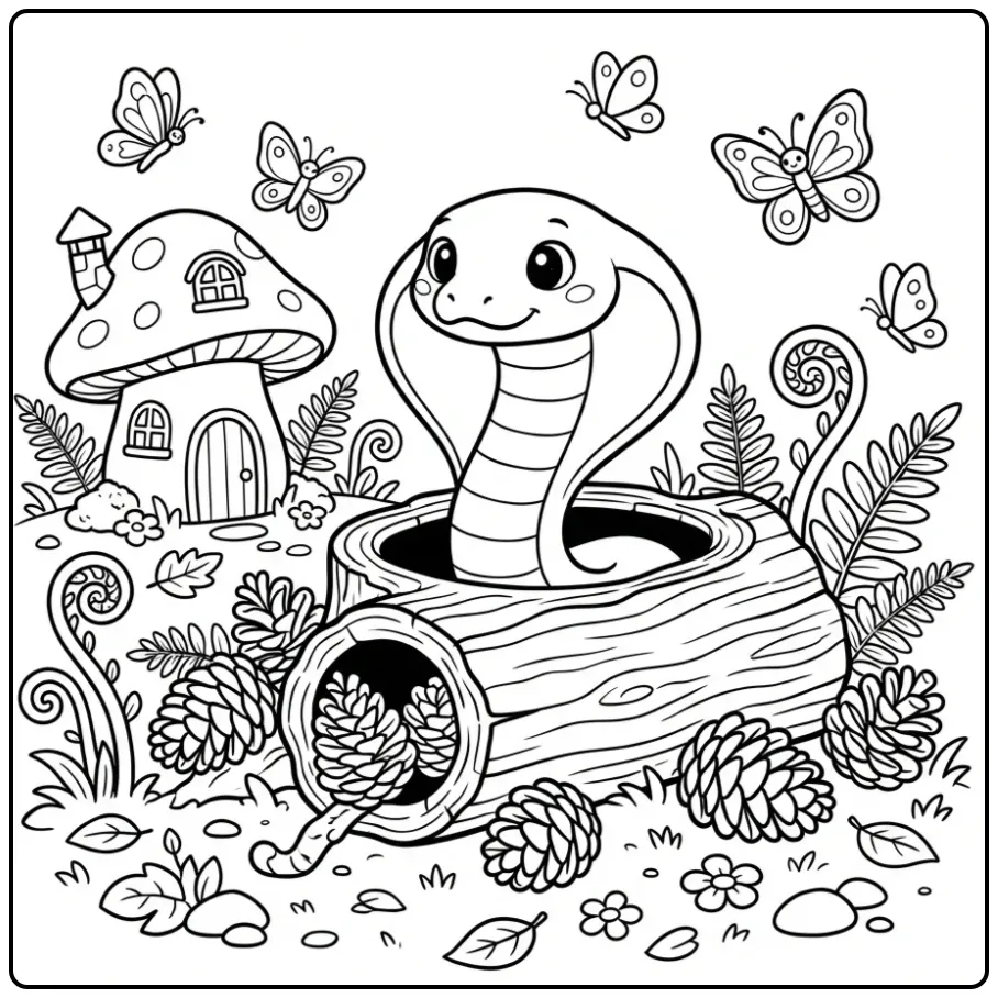Cobra coloring page in a hollow tree trunk in the forest
