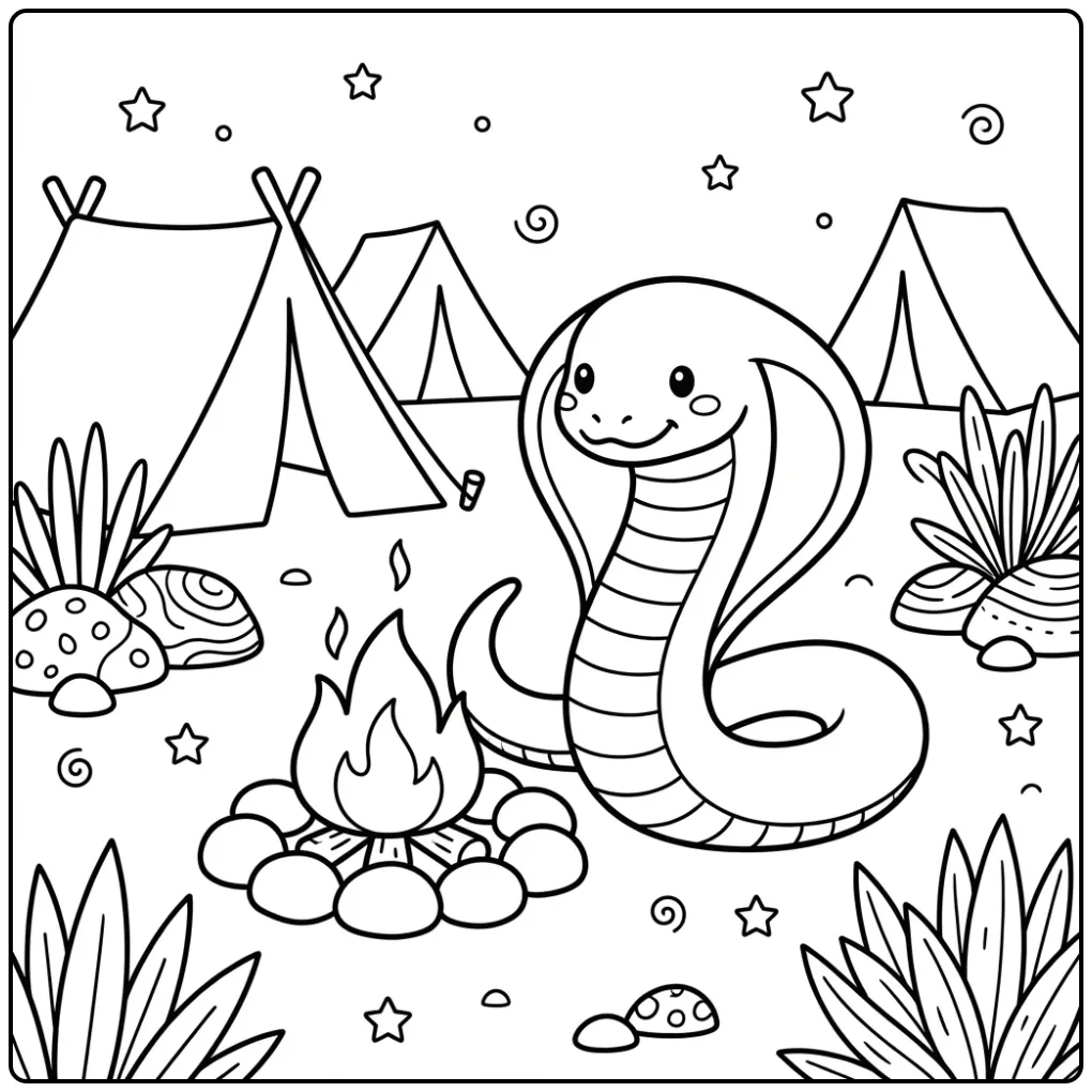 Cobra coloring page showing a cobra near a campfire in the desert