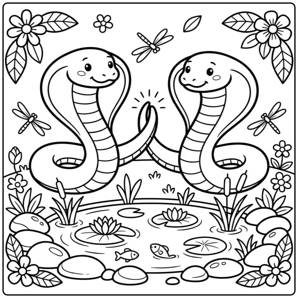 Cobra coloring page with two snakes by a pond
