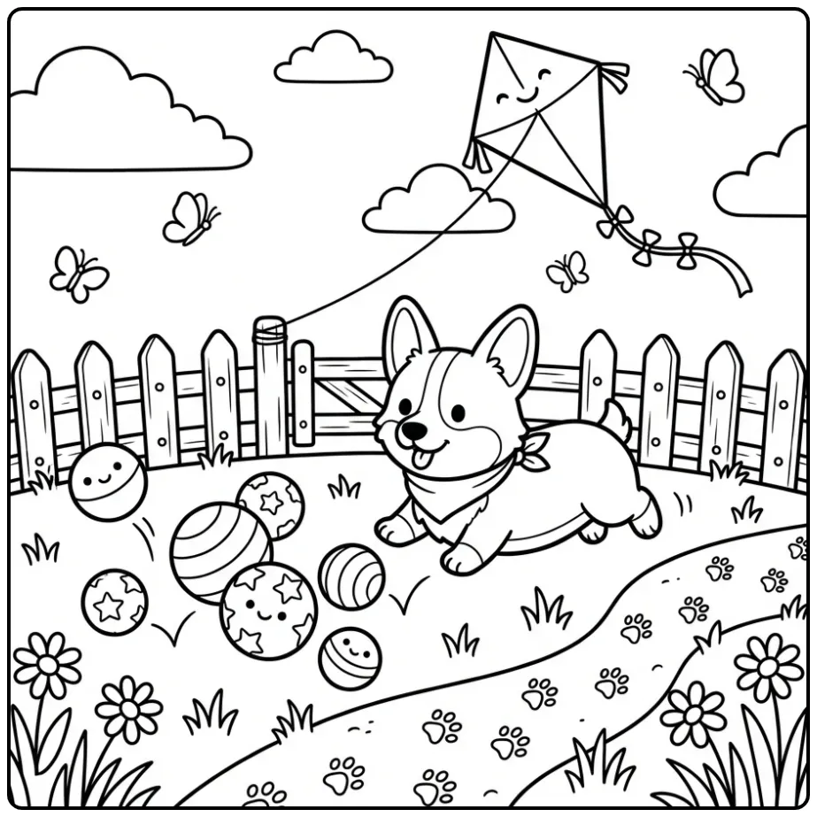 Cheerful Corgi Playing in the Grass with Balls coloring page