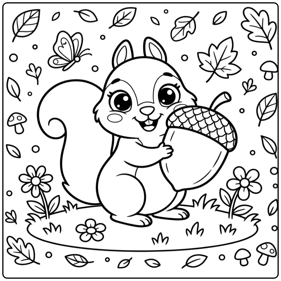 Easy squirrel coloring page holding a huge acorn