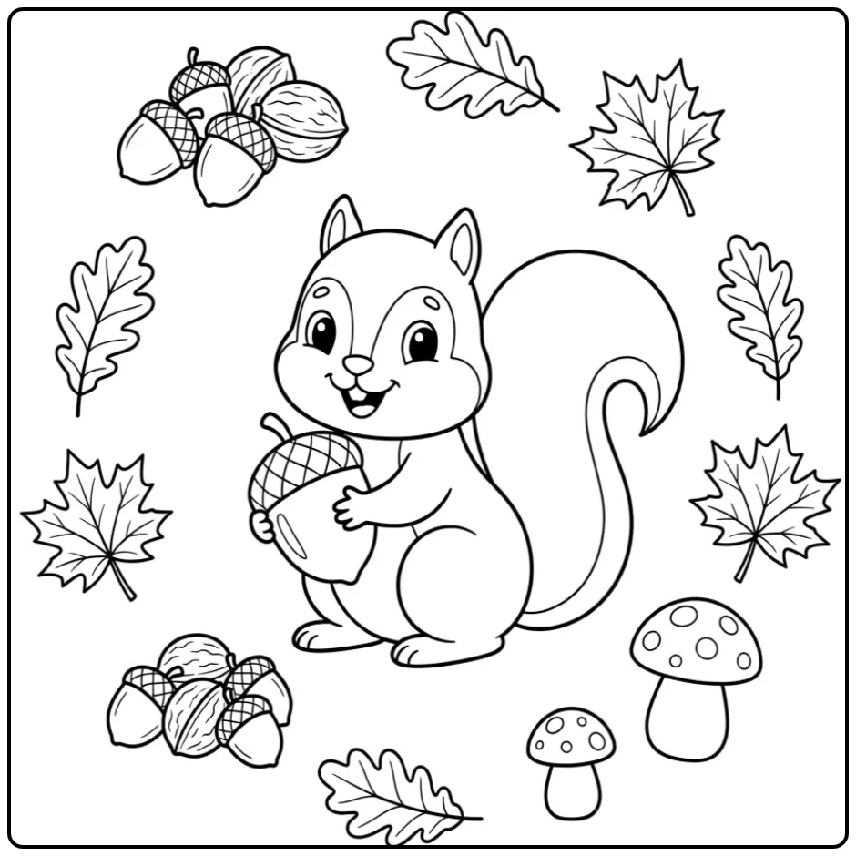 Easy squirrel coloring page with an acorn stash