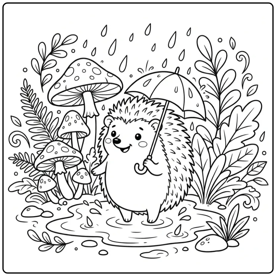 Hedgehog coloring page with an umbrella and mushrooms