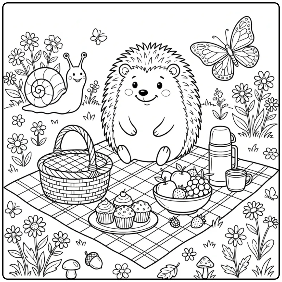 Hedgehog coloring page with a picnic and friends