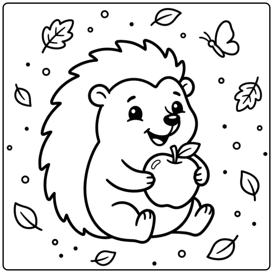 Simple hedgehog coloring page with an apple and butterfly