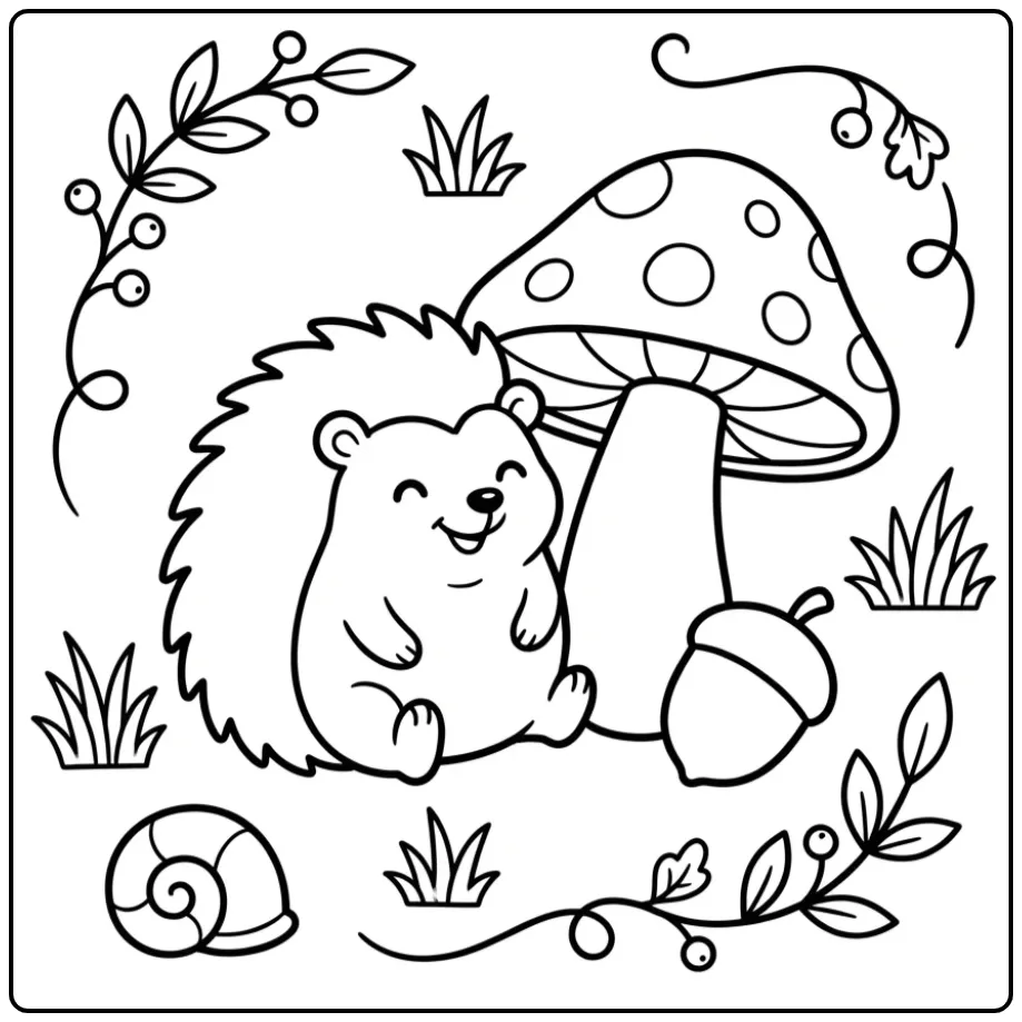 Simple hedgehog coloring page beside a mushroom and acorn