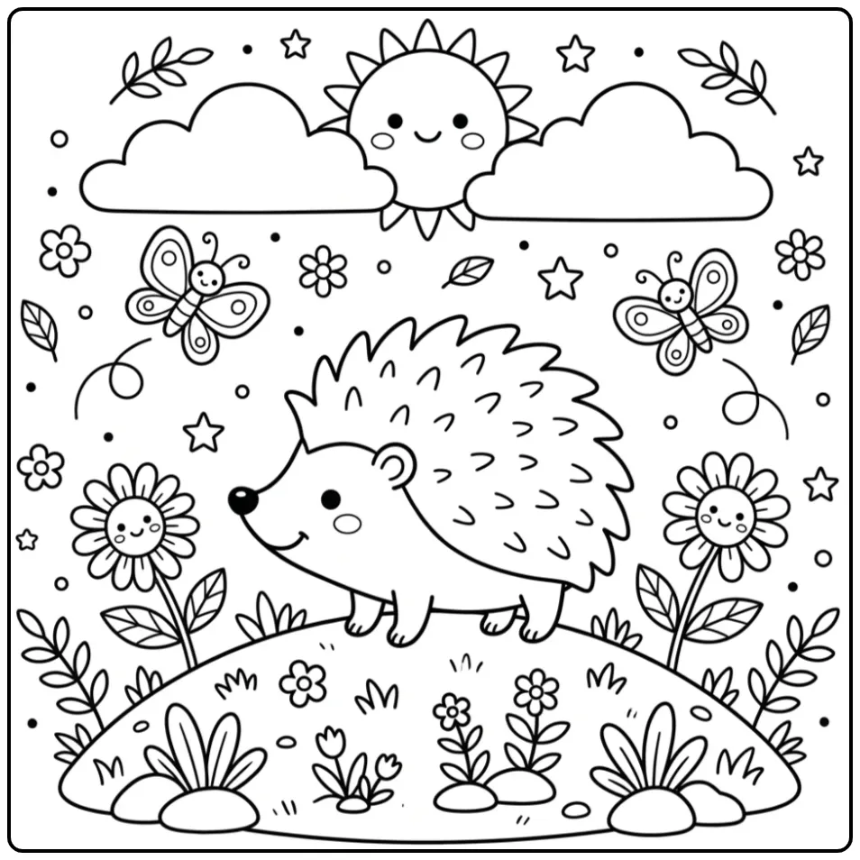 Simple hedgehog coloring page with butterflies and flowers