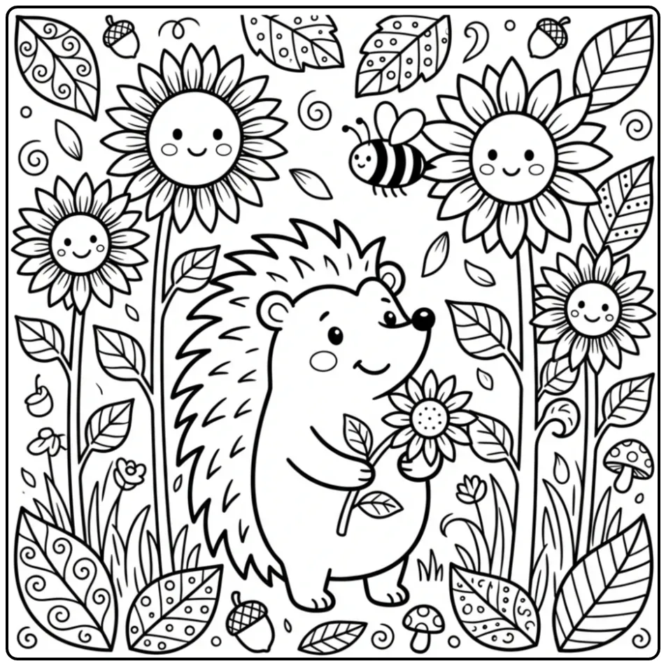 Hedgehog coloring page in a sunflower field