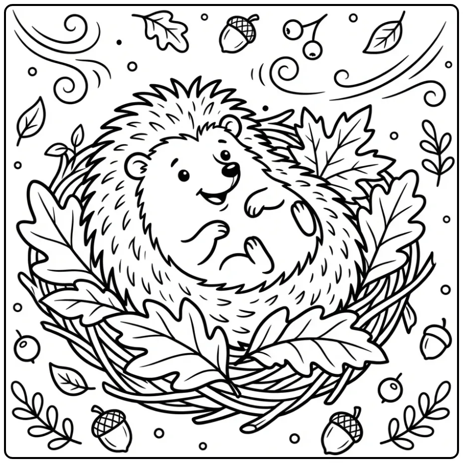 Hedgehog coloring page in a nest of autumn leaves