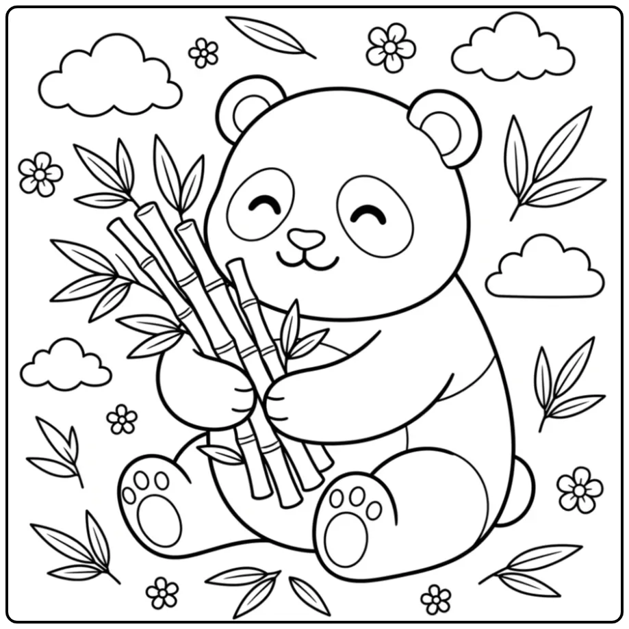 Cute panda coloring page hugging bamboo