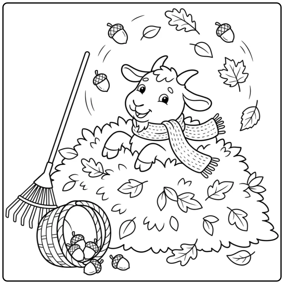 Cute goat coloring page jumping in autumn leaves