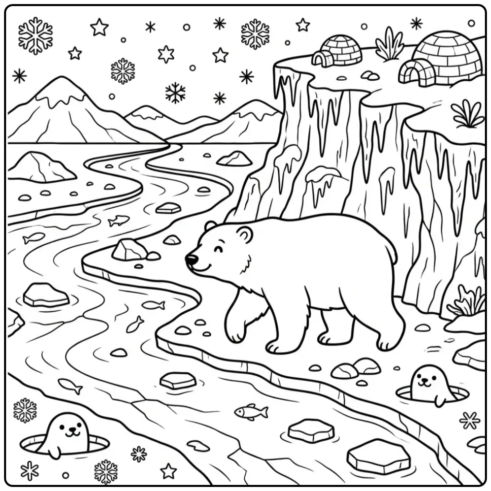 Walking polar bear coloring page with icicles and rocks