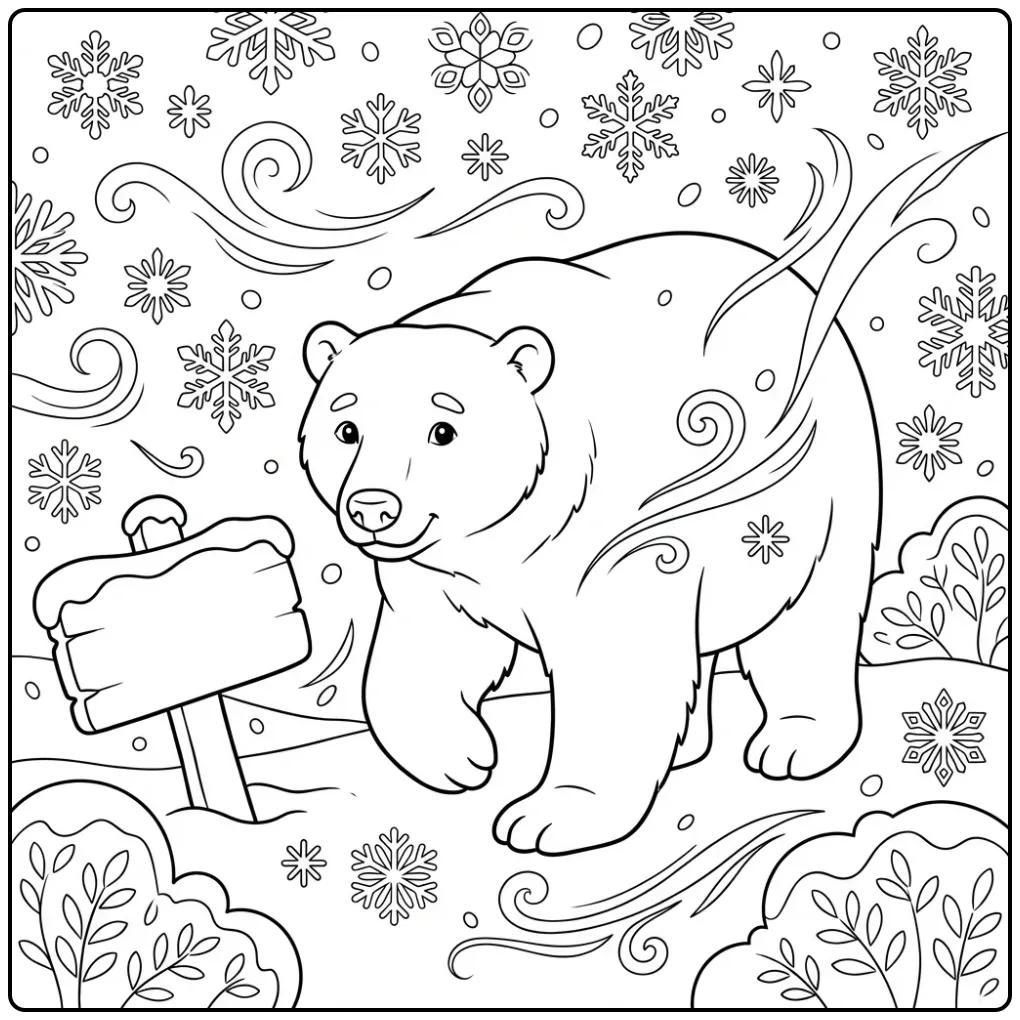 Polar bear coloring page walking through snowflakes