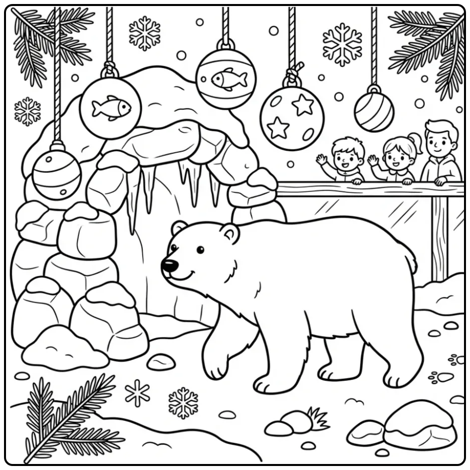 Cute polar bear coloring page walking by an ice cave