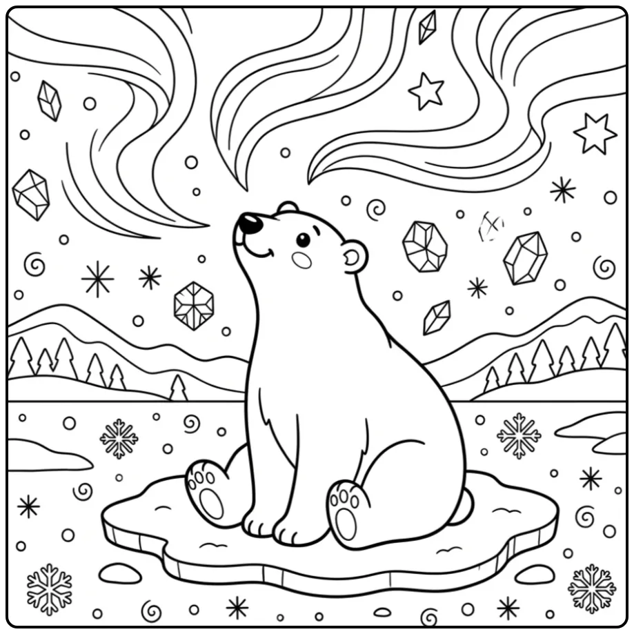 Polar bear coloring page sitting under the northern lights