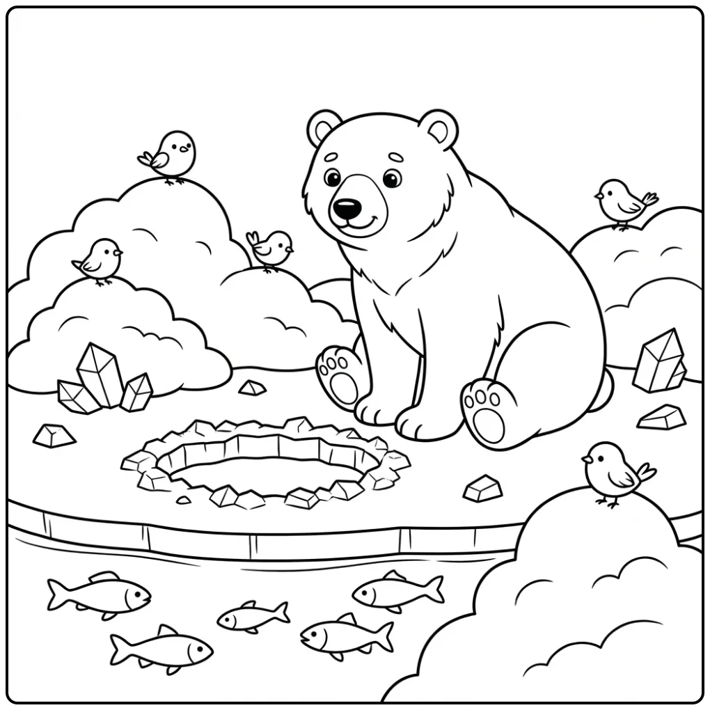 Polar bear coloring page sitting by an ice hole with fish