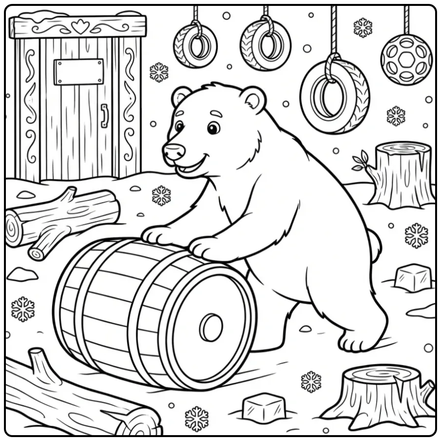 Polar bear coloring page with a large play barrel in the snow
