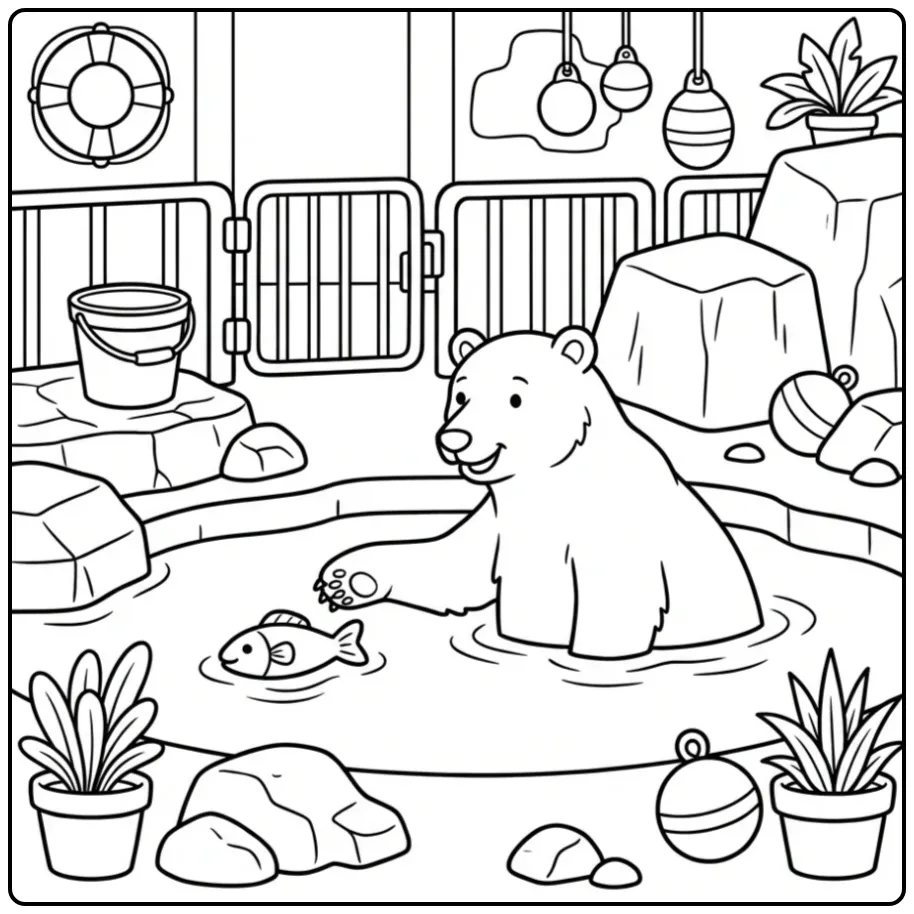 Polar bear coloring page playing with a toy in water