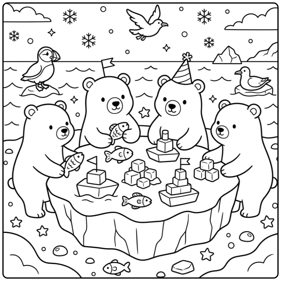 Polar bears coloring page with an iceberg and fish