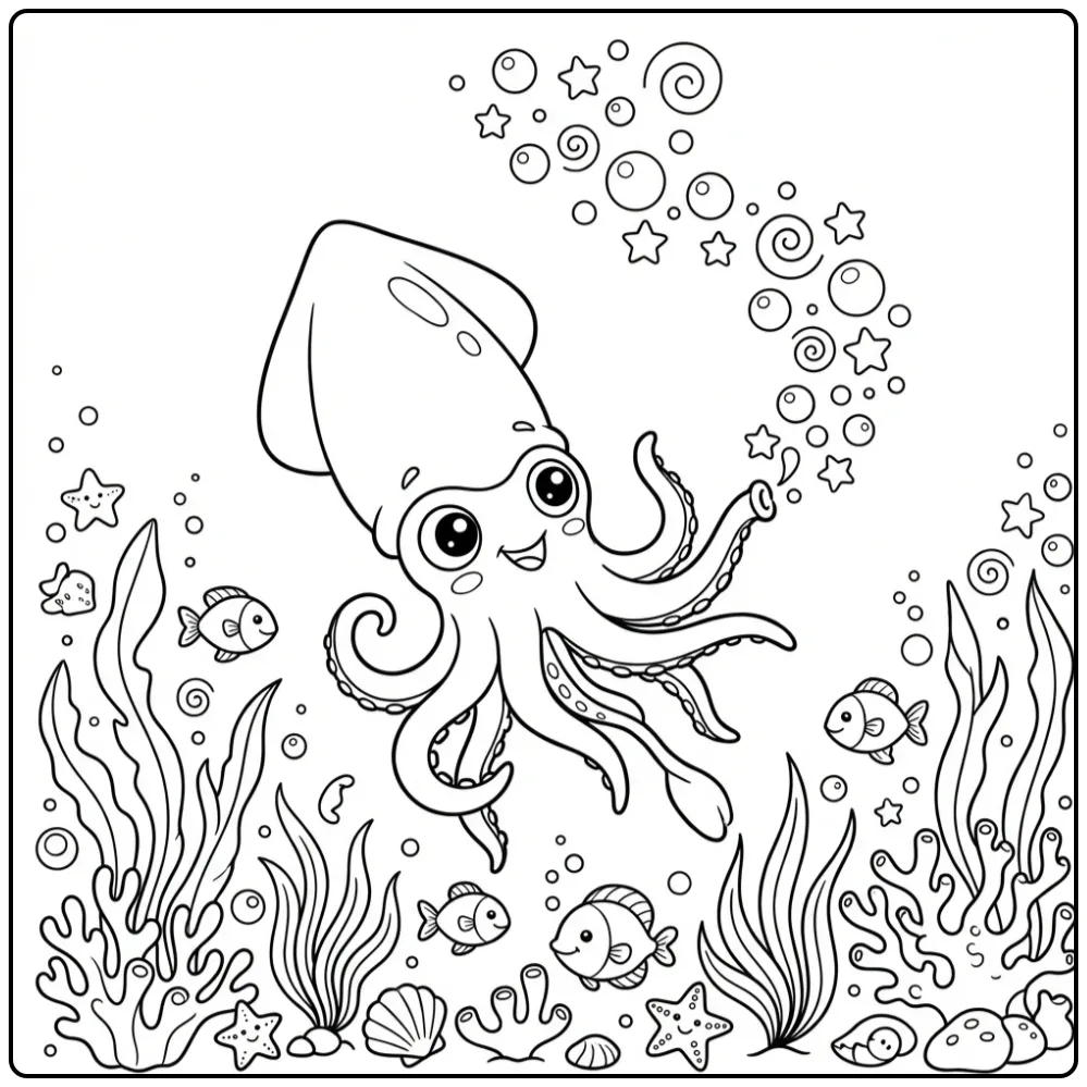 Squid coloring page swimming with star bubbles