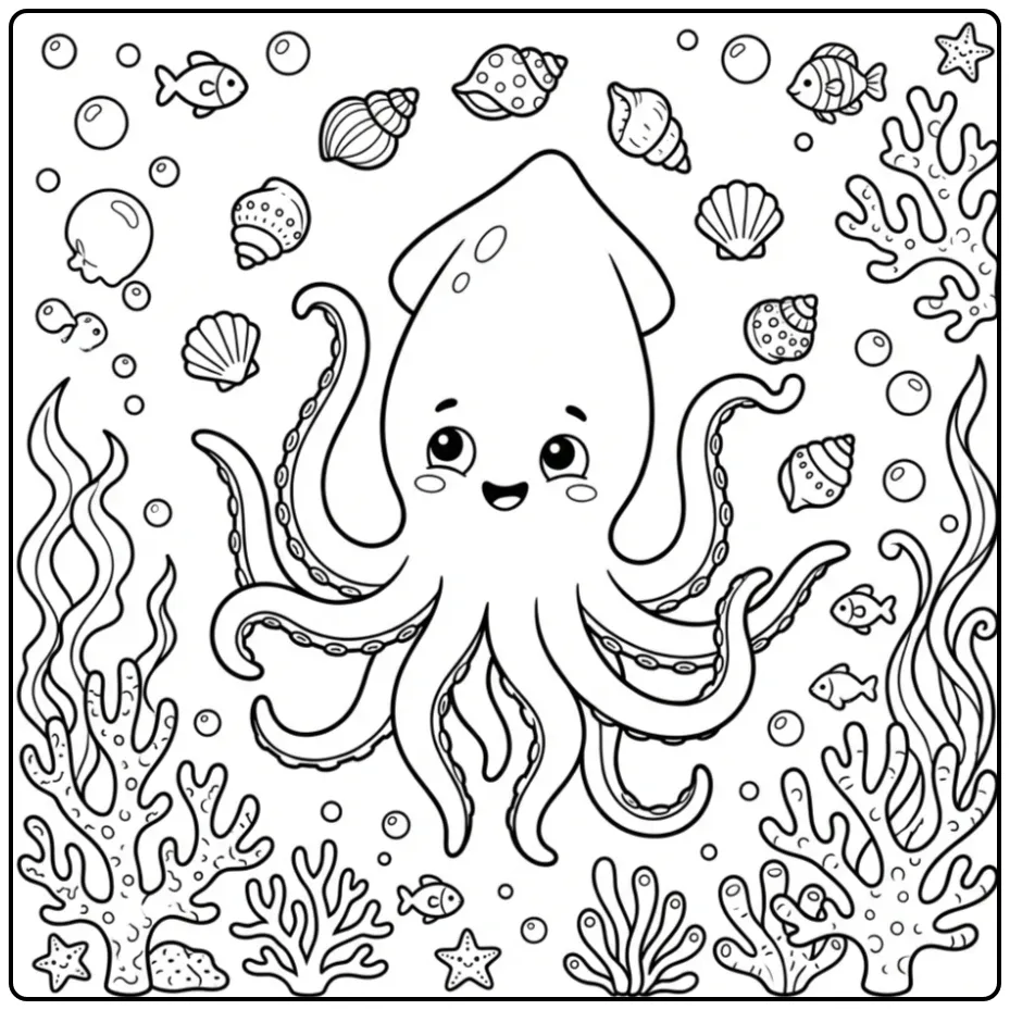 Squid coloring page juggling shells