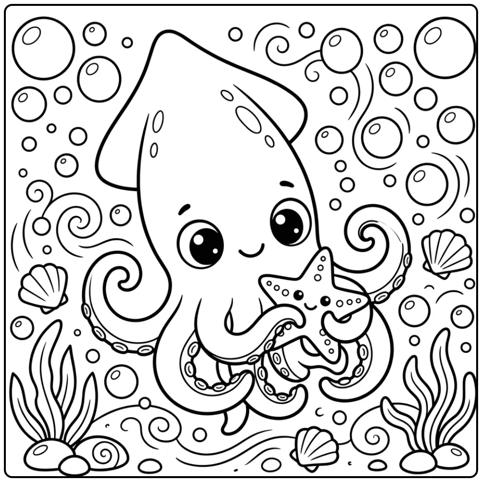 Squid coloring page with a starfish and bubbles
