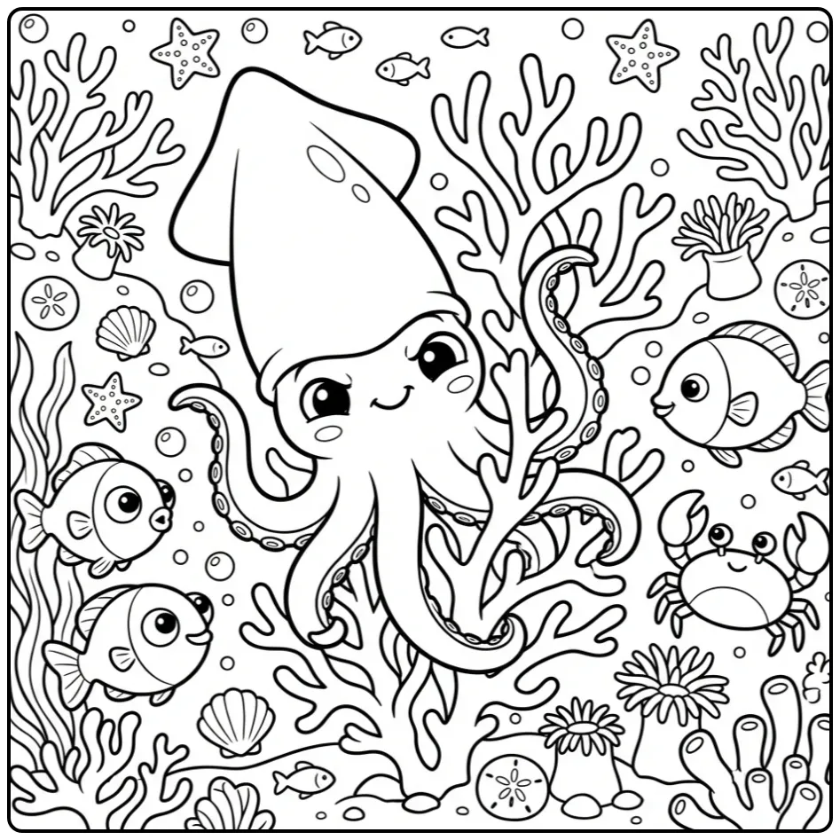 Squid coloring page playing among coral