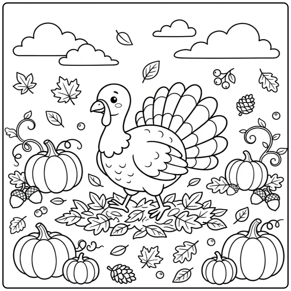 Turkey coloring page with pumpkins and autumn leaves
